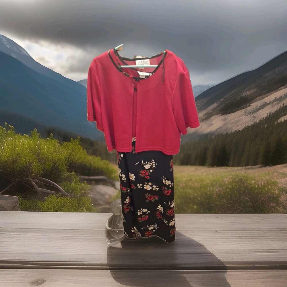 Studio C 2pc Sz20 Red n Black Floral Sleeveles Dress w/ Short Red Bolero  Jacket